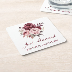 Porta-copo De Papel Quadrado Peônia Floral Aquarela Casamento Recém-Casados