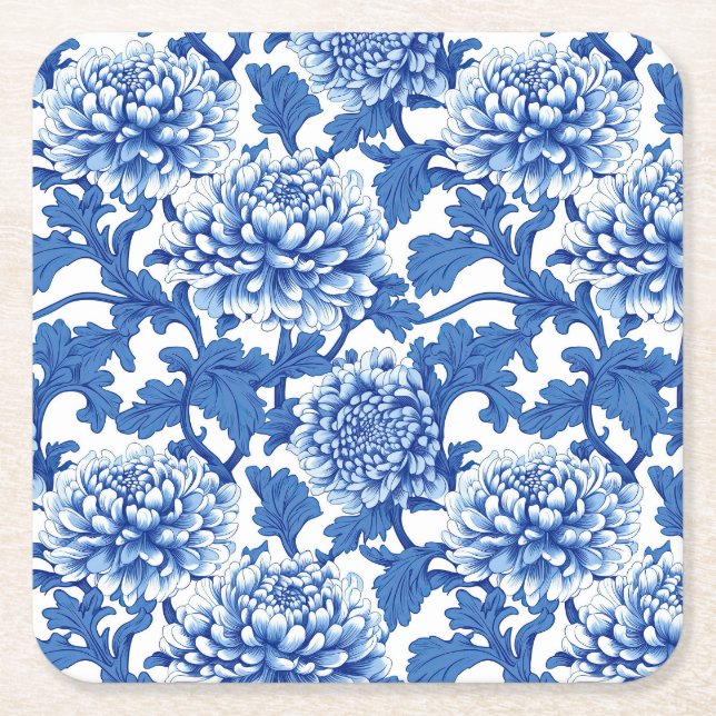 Porta-copo De Papel Quadrado Peônia Floral Chinesa Azul e Branco (Frente)