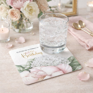 Porta-copo De Papel Quadrado Peônia Floral Rosa Rubor Aniversário de 18 Anos