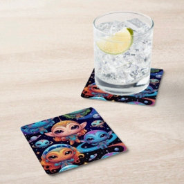 Porta-copo De Papel Quadrado Pequenos Aliens multicoloridos no espaço