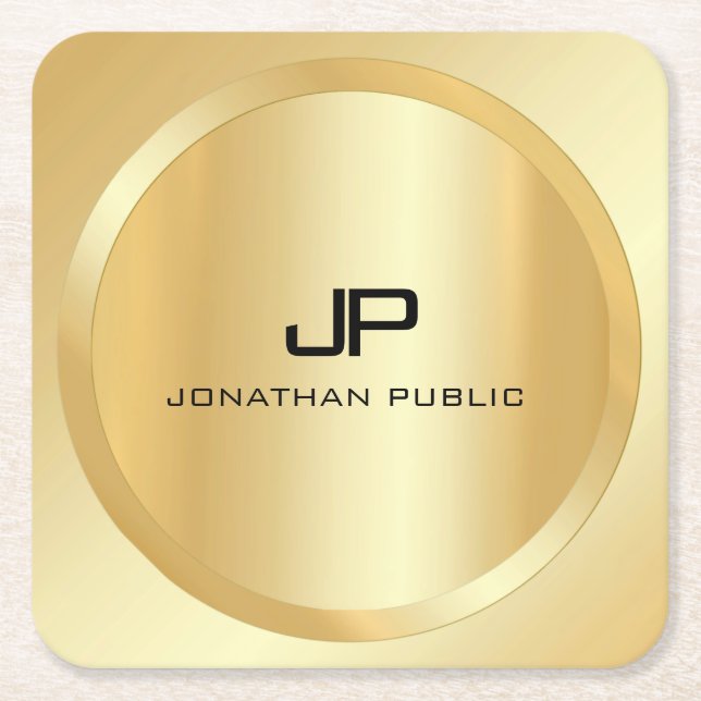 Porta-copo De Papel Quadrado Personalizado Elegante Dourado Monograma Moderno (Frente)