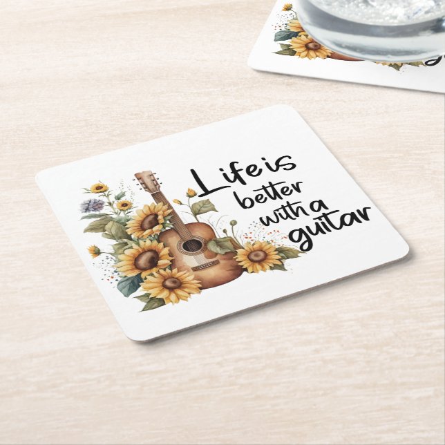 Porta-copo De Papel Quadrado Personalizar o nome do violão com girassol (Inclinado)