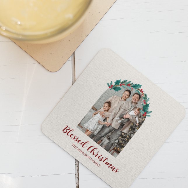 Porta-copo De Papel Quadrado Personalized Christmas Wreath Photo Paper Coaster (Criador carregado)