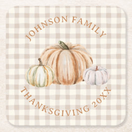 Porta-copo De Papel Quadrado Personalized Family Name Thankful Neutral Gingham