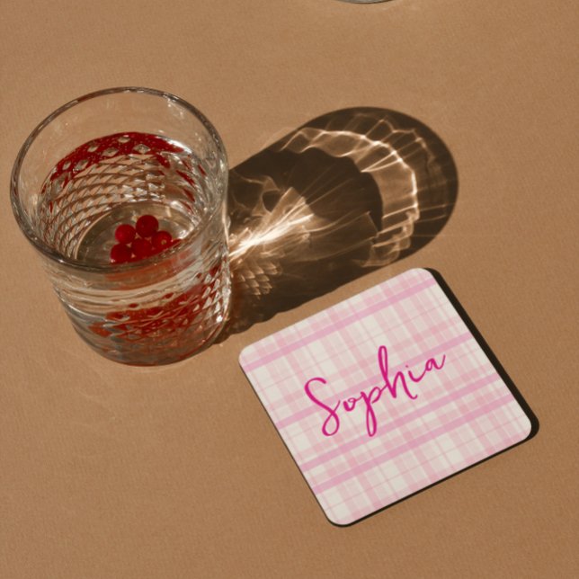 Porta-copo De Papel Quadrado Personalized Pink Plaid Paper Coaster with Name  (Criador carregado)