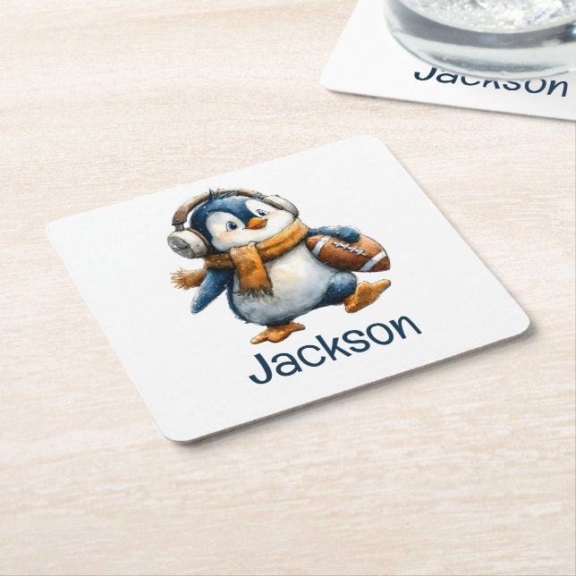 Porta-copo De Papel Quadrado Personalized Winter Penguin Football Kid (Inclinado)