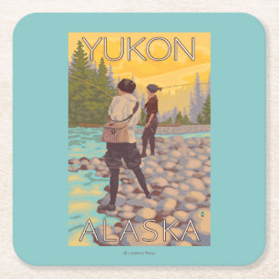 Porta-copo De Papel Quadrado Pesca com mosca das mulheres - Yukon, Alaska