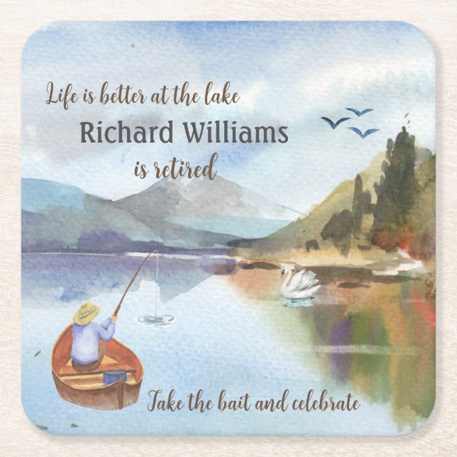Porta-copo De Papel Quadrado Pesca de reforma na aquarela do lago (Frente)