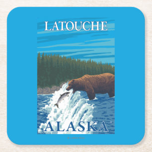 Porta-copo De Papel Quadrado Pesca do urso no rio - Latouche, Alaska