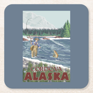 Porta-copo De Papel Quadrado Pescador da mosca - Cordova, Alaska