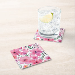 Porta-copo De Papel Quadrado Pétalas Rosas | Flores Florais Pintadas à Aguarela