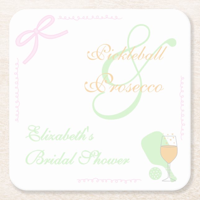 Porta-copo De Papel Quadrado Pickleball and Prosecco Bridal Shower (Frente)
