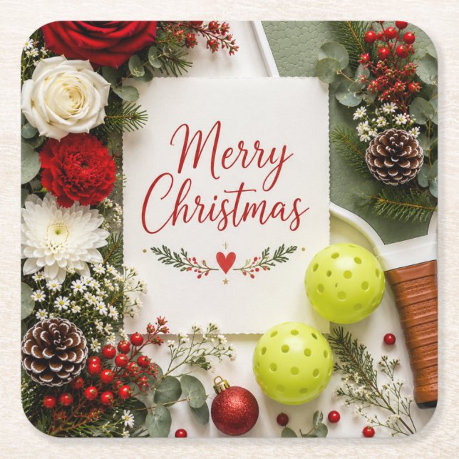 Porta-copo De Papel Quadrado Pickleball tema de Natal  (Frente)