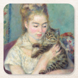 Porta-copo De Papel Quadrado Pierre-Auguste Renoir - Mulher com um Gato