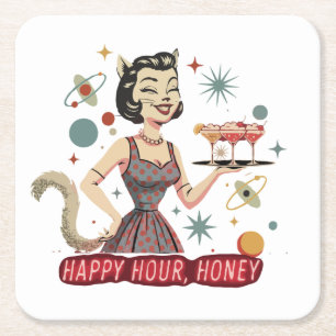 Porta-copo De Papel Quadrado Pin-Up Retro do Gato Atômico   "Happy Hour, Querid