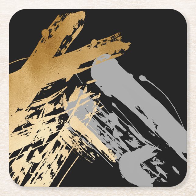 Porta-copo De Papel Quadrado pincéis de ouro e cinza elegantes (Frente)