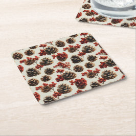 Porta-copo De Papel Quadrado Pine Cones e Red Berries Padrão de inverno