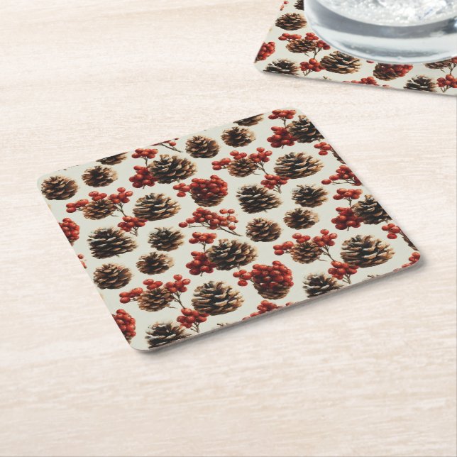 Porta-copo De Papel Quadrado Pine Cones e Red Berries Padrão de inverno (Inclinado)