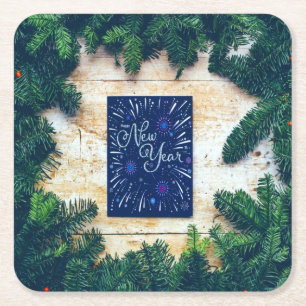 Porta-copo De Papel Quadrado Pine Feliz ano novo Azul e Verde