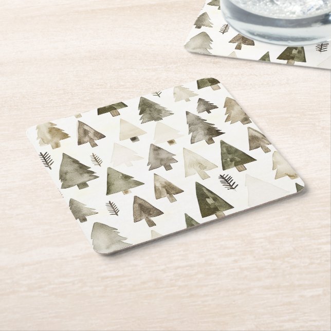Porta-copo De Papel Quadrado Pine Green Cream Árvores de Natal (Inclinado)