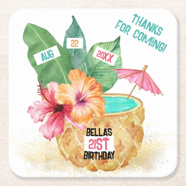 Porta-copo De Papel Quadrado Pineapple Palm Tropical Beach Birday (Frente)