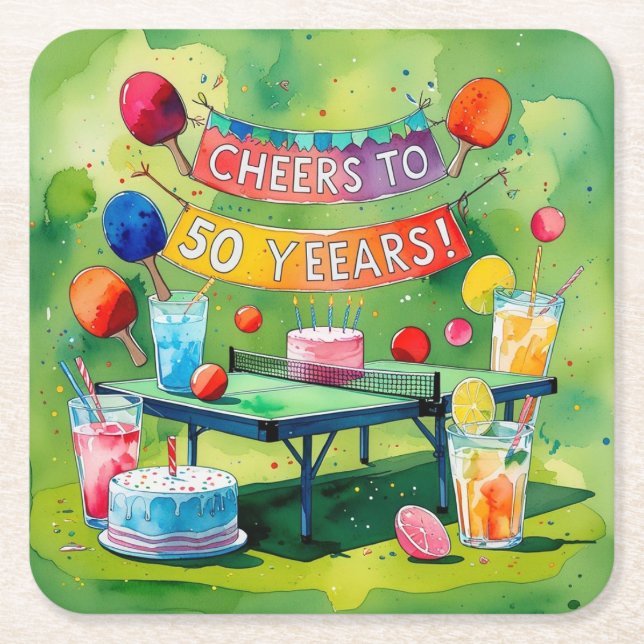 Porta-copo De Papel Quadrado Ping Pong 50º aniversário (Frente)