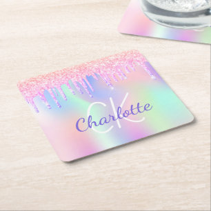 Porta-copo De Papel Quadrado Pingo holográfico de aniversário roxo rosa