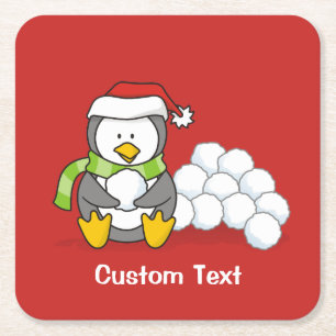 Porta-copo De Papel Quadrado Pinguim de Natal sentado com bolas de neve