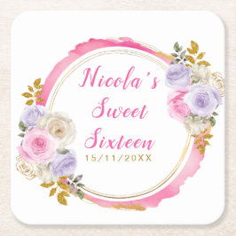 Porta-copo De Papel Quadrado Pink and Purple Elegant Flowers Sweet Sixteen