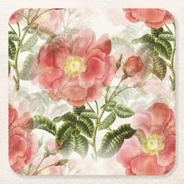 Porta-copo De Papel Quadrado Pink Camellia Floral Patterno (Frente)