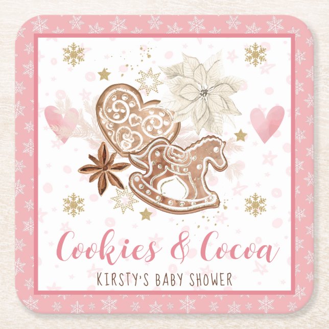 Porta-copo De Papel Quadrado Pink Cookies and Cocoa Baby Shower (Frente)