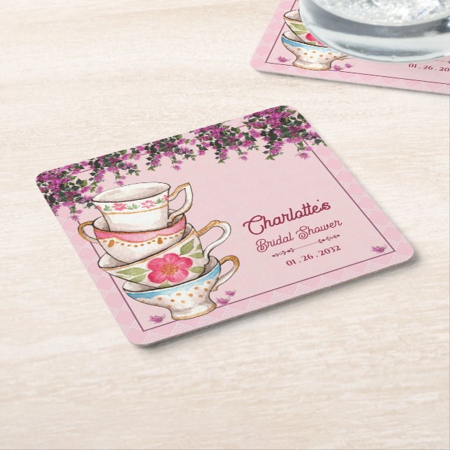 Porta-copo De Papel Quadrado Pink Floral Stacked Teacups Bridal Shower Party (Inclinado)