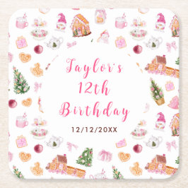 Porta-copo De Papel Quadrado Pink Gingerbread House Birthday Party