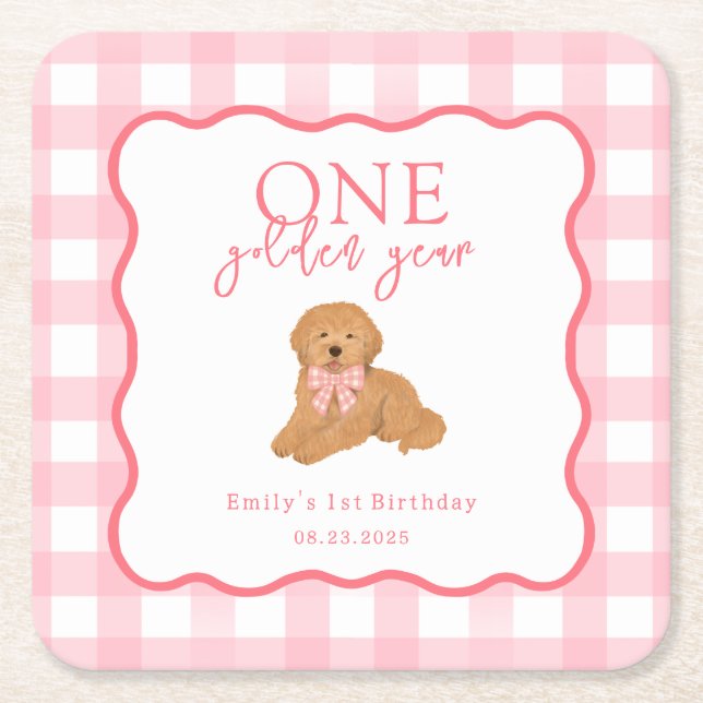 Porta-copo De Papel Quadrado Pink Gingham One Golden Year Girls First Birthday (Frente)
