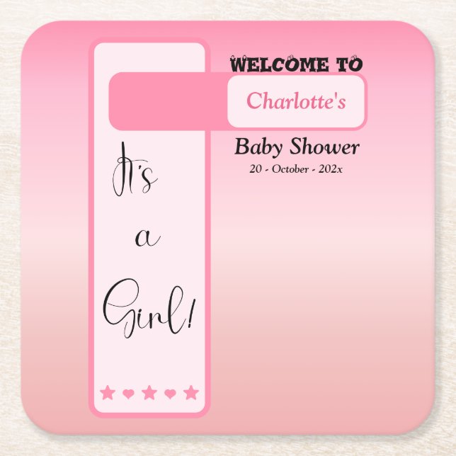 Porta-copo De Papel Quadrado Pink Gradient Cute Eyeball Text Baby Shower (Frente)