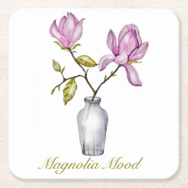 Porta-copo De Papel Quadrado Pink Magnolia Watercolor Botanical