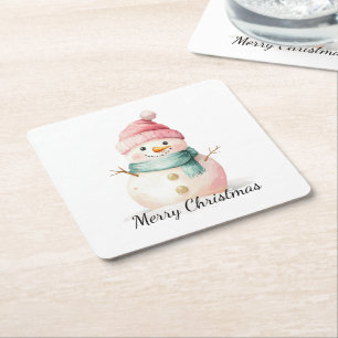 Porta-copo De Papel Quadrado Pink Mint Christmas Snowman
