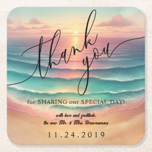 Porta-copo De Papel Quadrado Pink Ocean Beach Sunny Watercolor Summer Party