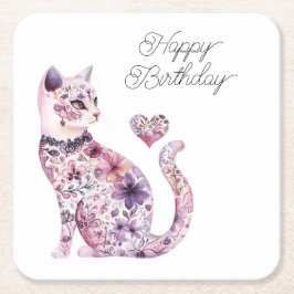 Porta-copo De Papel Quadrado Pink Purple Blush Flowers Heart Love Cat Birthday