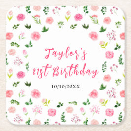 Porta-copo De Papel Quadrado Pink Roses Floral Birthday