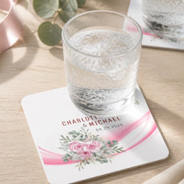 Porta-copo De Papel Quadrado Pink Wave & Floral Wedding Paper Coaster