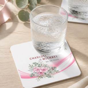 Porta-copo De Papel Quadrado Pink Wave & Floral Wedding Paper Coaster