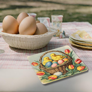 Porta-copo De Papel Quadrado Pintinhos de Páscoa com tulipas