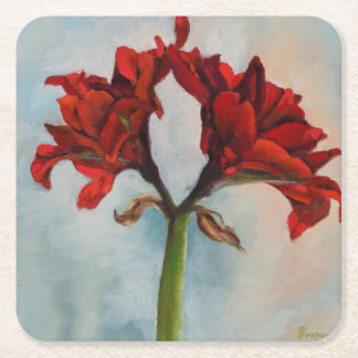 Porta-copo De Papel Quadrado Pintura da Flor Vermelha de Amaryllis com "Present