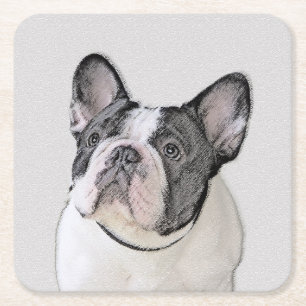Porta-copo De Papel Quadrado Pintura de Bulldog Francês (Brindle Pied) - Arte 