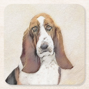 Porta-copo De Papel Quadrado Pintura de Cachorro Basset - Arte de Cachorro Orig