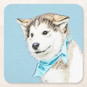 Porta-copo De Papel Quadrado Pintura De Cachorro Siberiana - Arte De Cachorro O