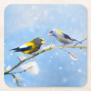 Porta-copo De Papel Quadrado Pintura de Grosbeak Evening - Arte de Cachorro Ori