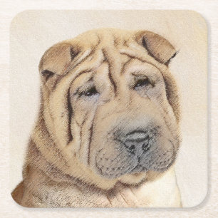 Porta-copo De Papel Quadrado Pintura de Shar Pei - Arte de Cão Original Bonita