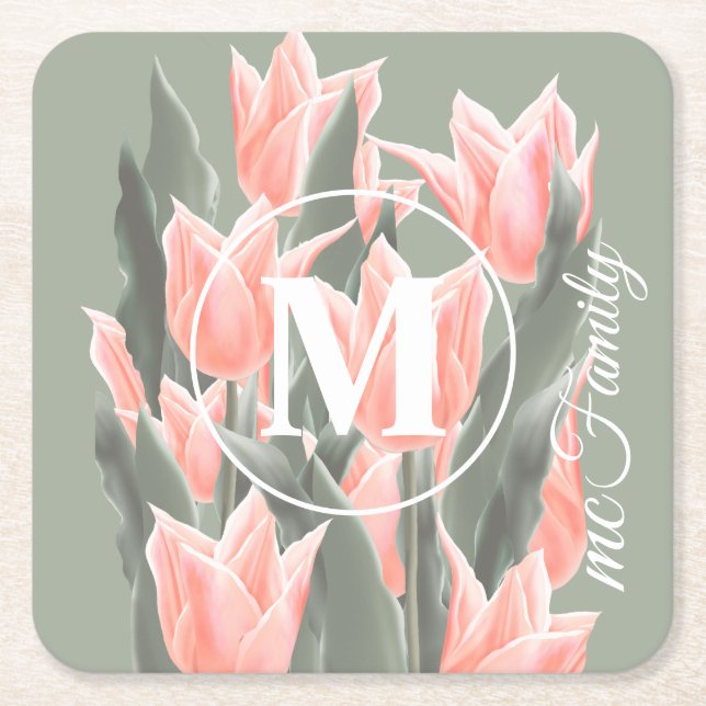Porta-copo De Papel Quadrado Pintura de Tulipas Monogramas Peach da Família Ele (Frente)